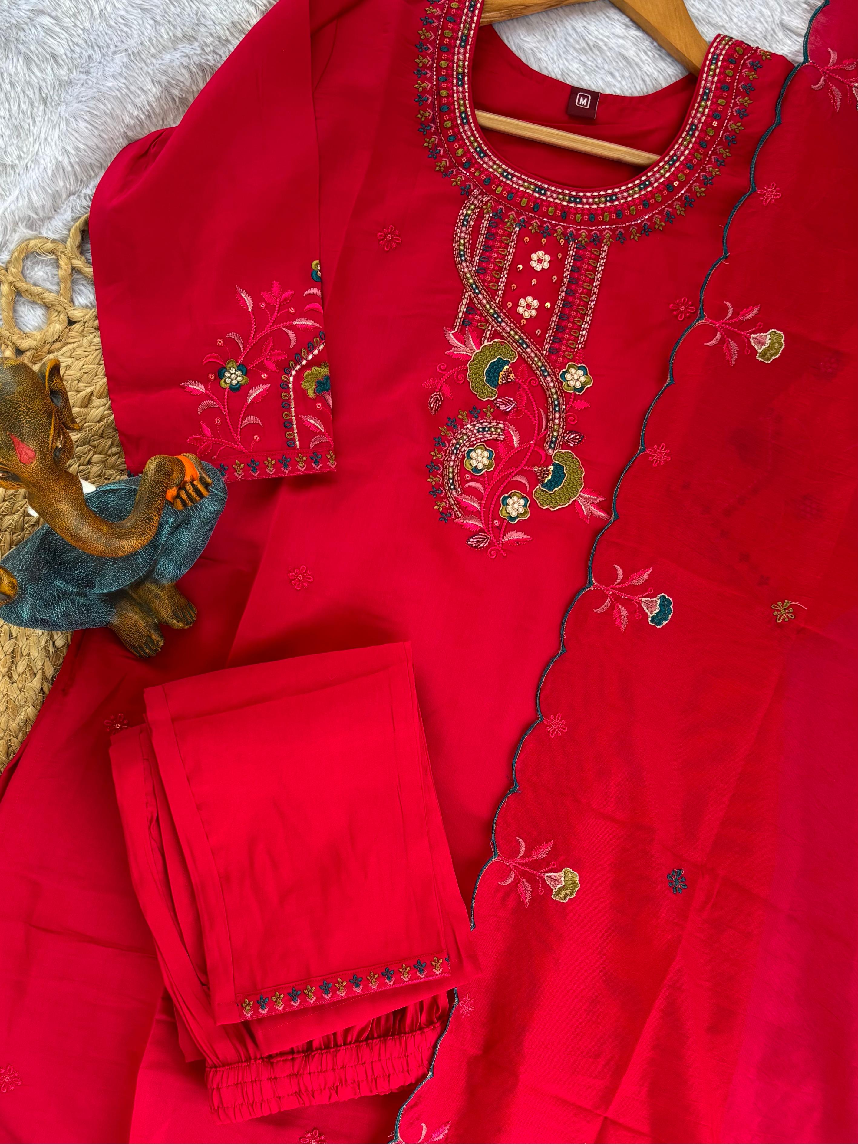 Roman Silk Embroidered Straight Kurti Set – Red