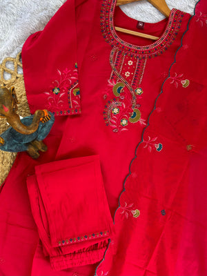 Roman Silk Embroidered Straight Kurti Set – Red