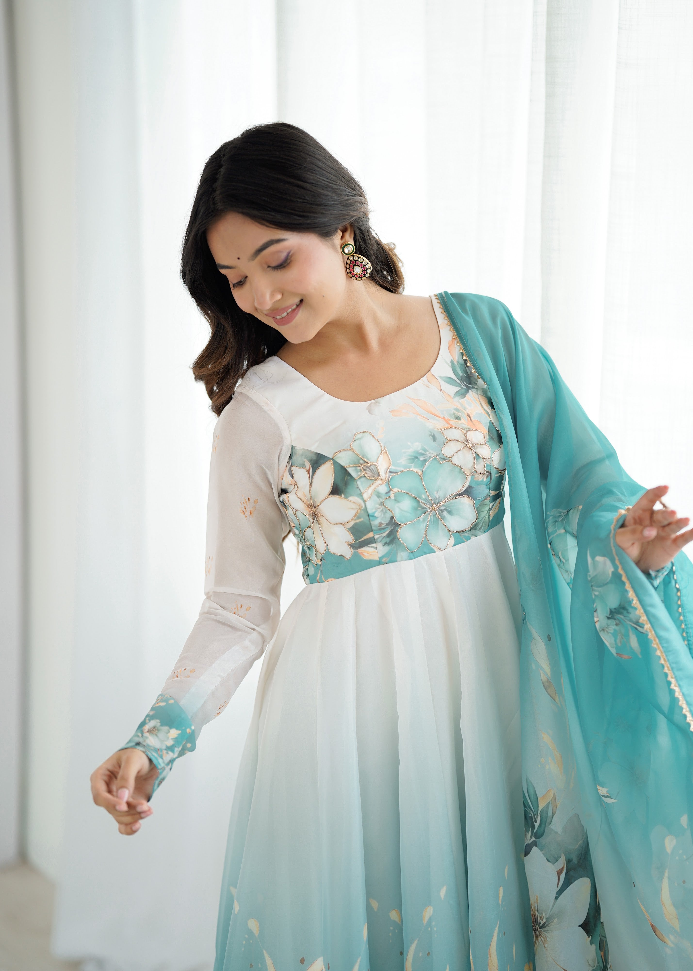 Organza Silk Printed Anarkali Set – Aqua Blue