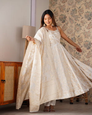 Fancy Banarasi Jackquard Dola Silk Fabric Designer Anarkali Set – Ivory