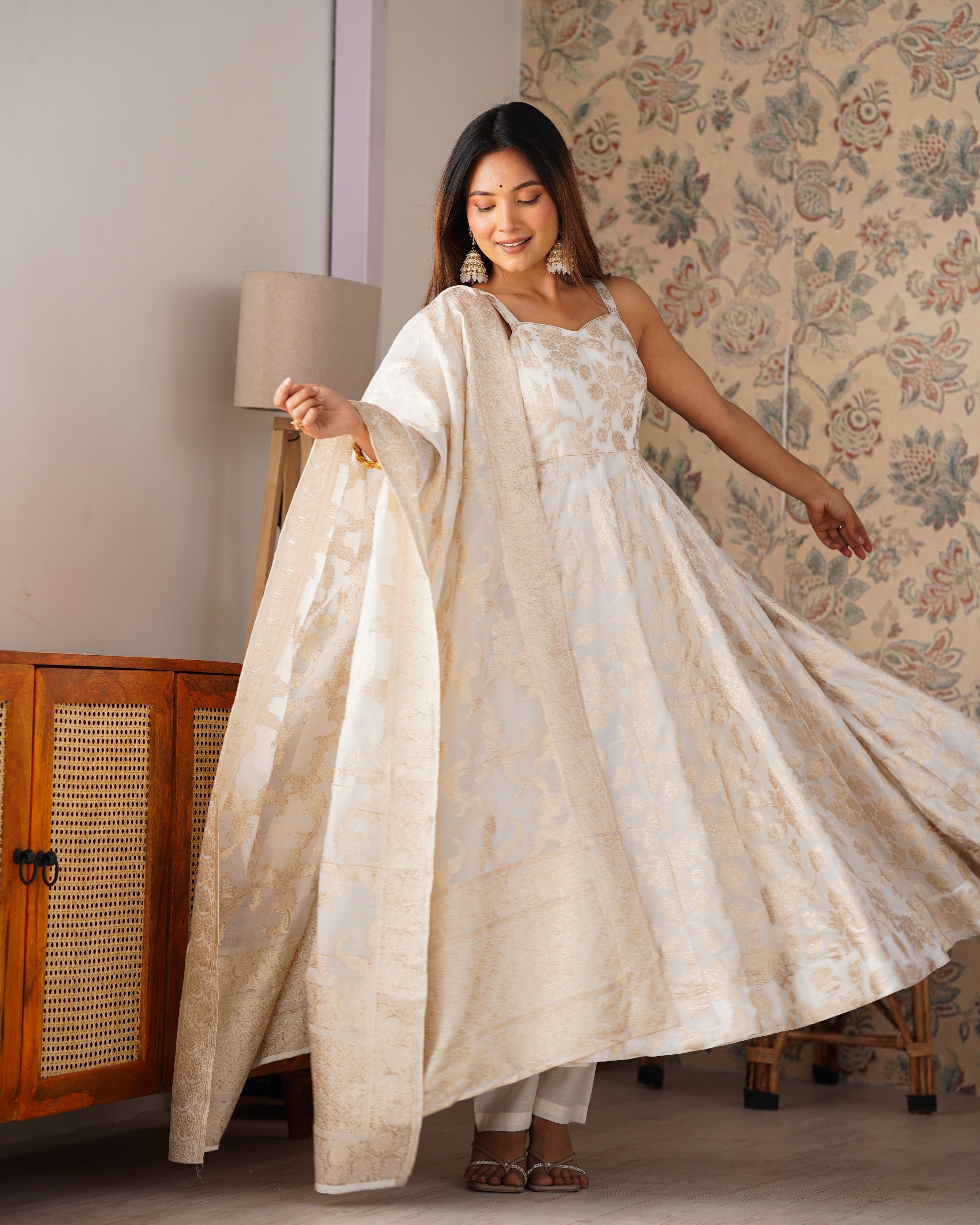 Fancy Banarasi Jackquard Dola Silk Fabric Designer Anarkali Set – Ivory