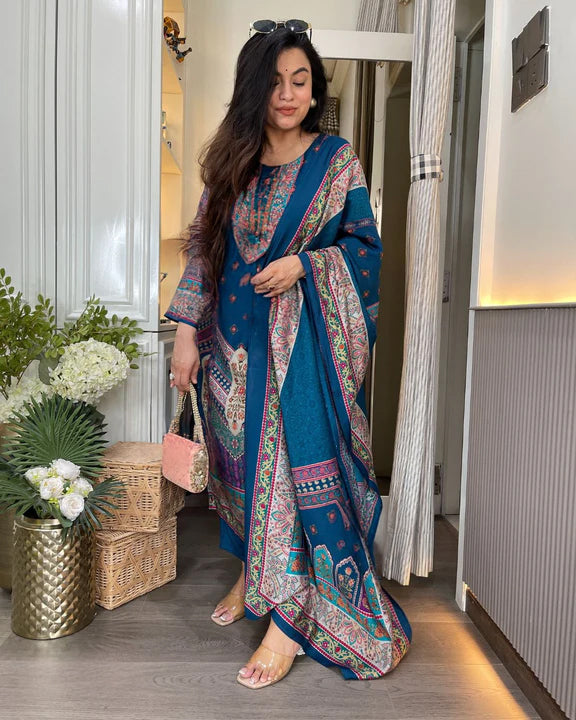 Rayon Printed Kurta Pant Dupatta Set – Navy Blue
