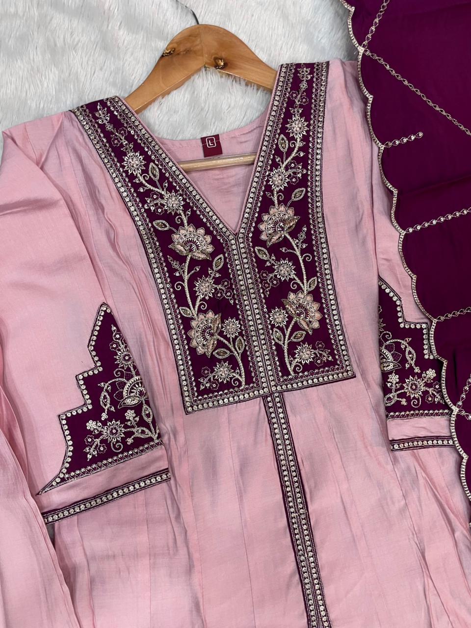 Roman Silk Embroidered Anarkali Kurti Set – Baby Pink