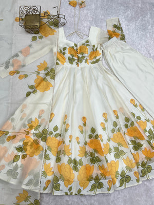 Organza Silk Printed Anarkali Set – Ivory Floral