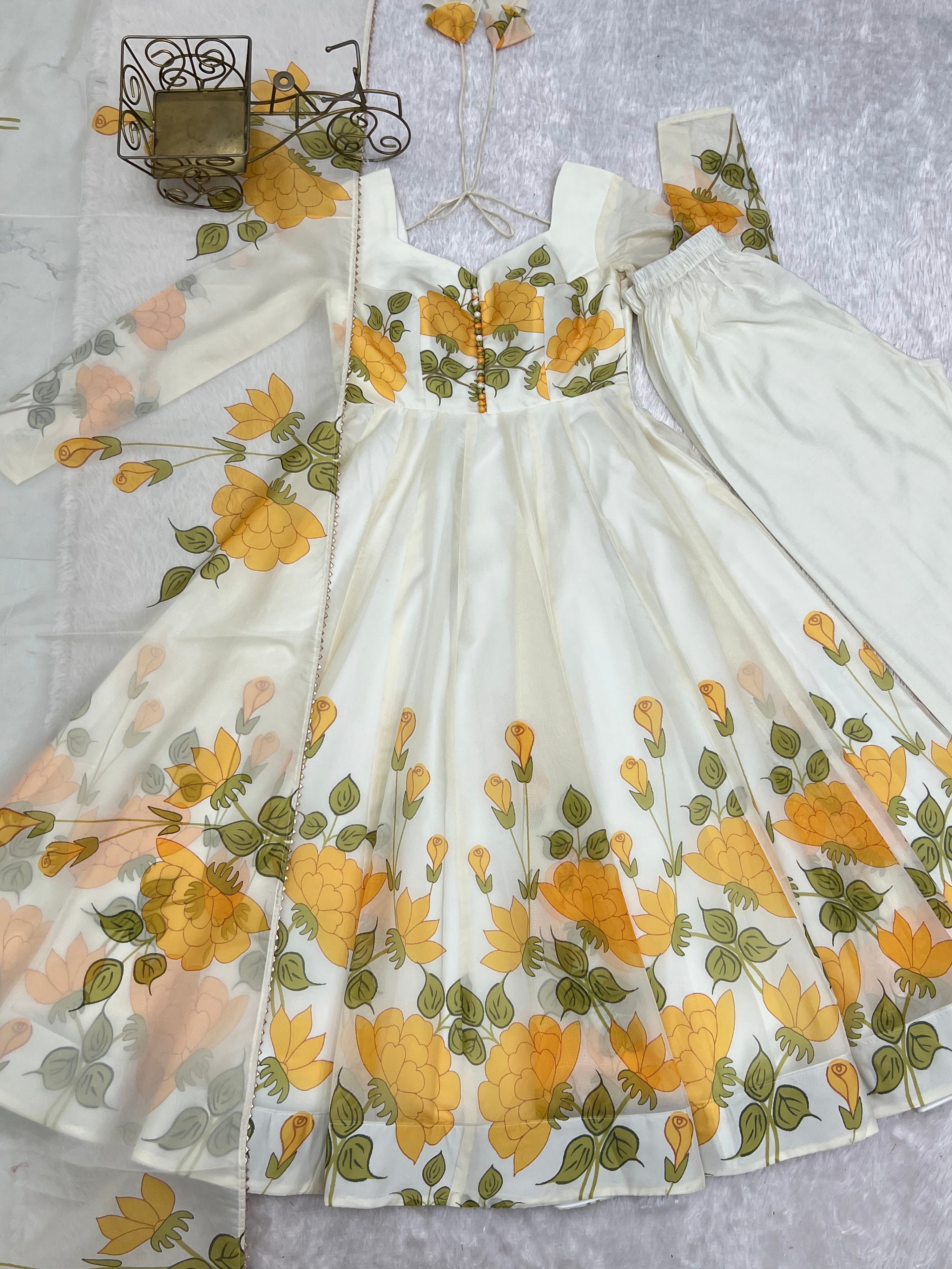 Organza Silk Printed Anarkali Set – Ivory Floral