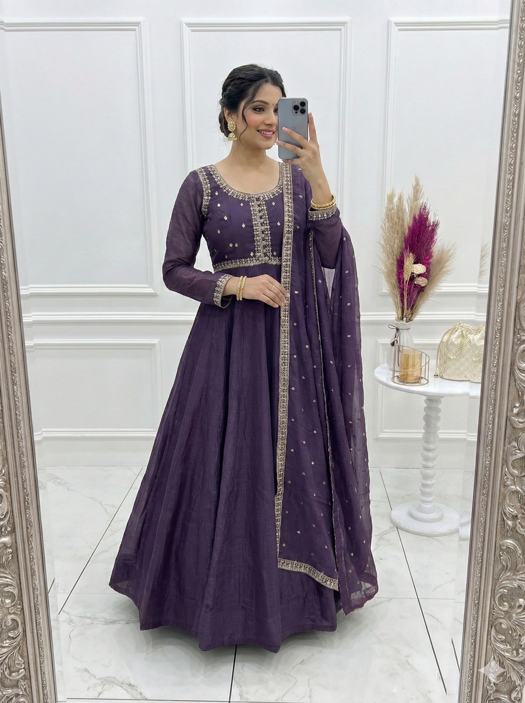 Crunchy Silk Embroidered Gown Set – Purple