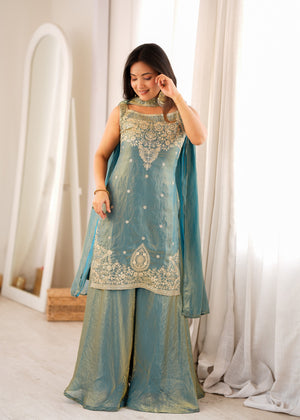 Fendy Silk Embroidered Sharara Set – Slate Blue