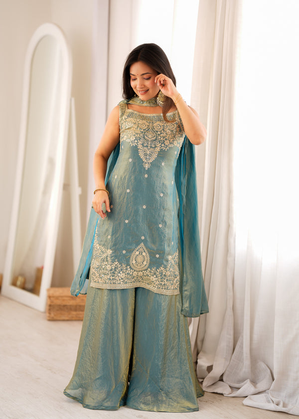 Fendy Silk Embroidered Sharara Set – Slate Blue