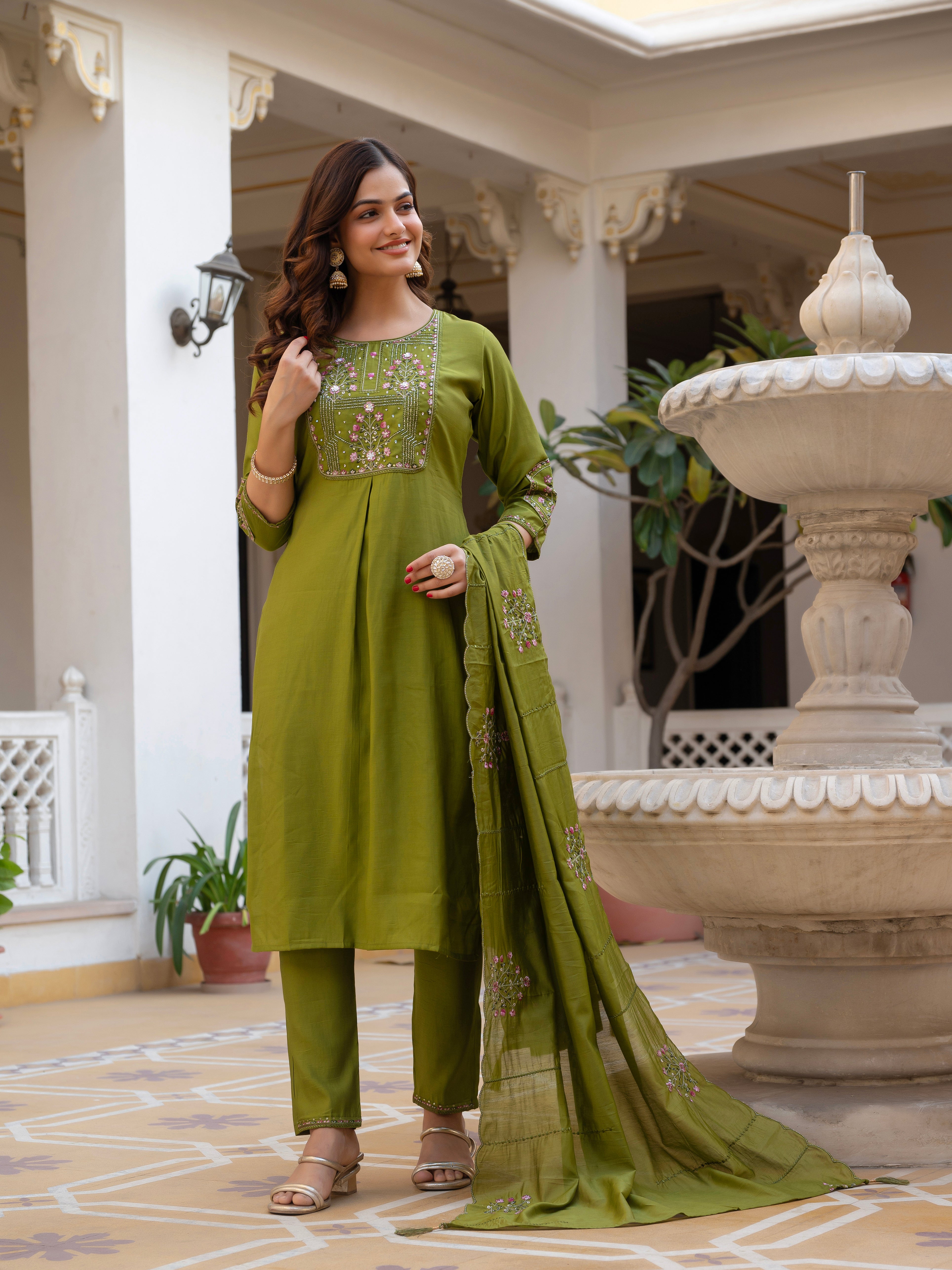 Pure Viscose Mango Silk Embroidered Straight Kurti Set – Mhendi Green