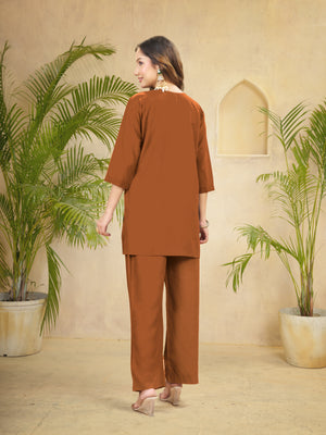 Heavy Rayon Embroidered Co-Ords Set – Coffee