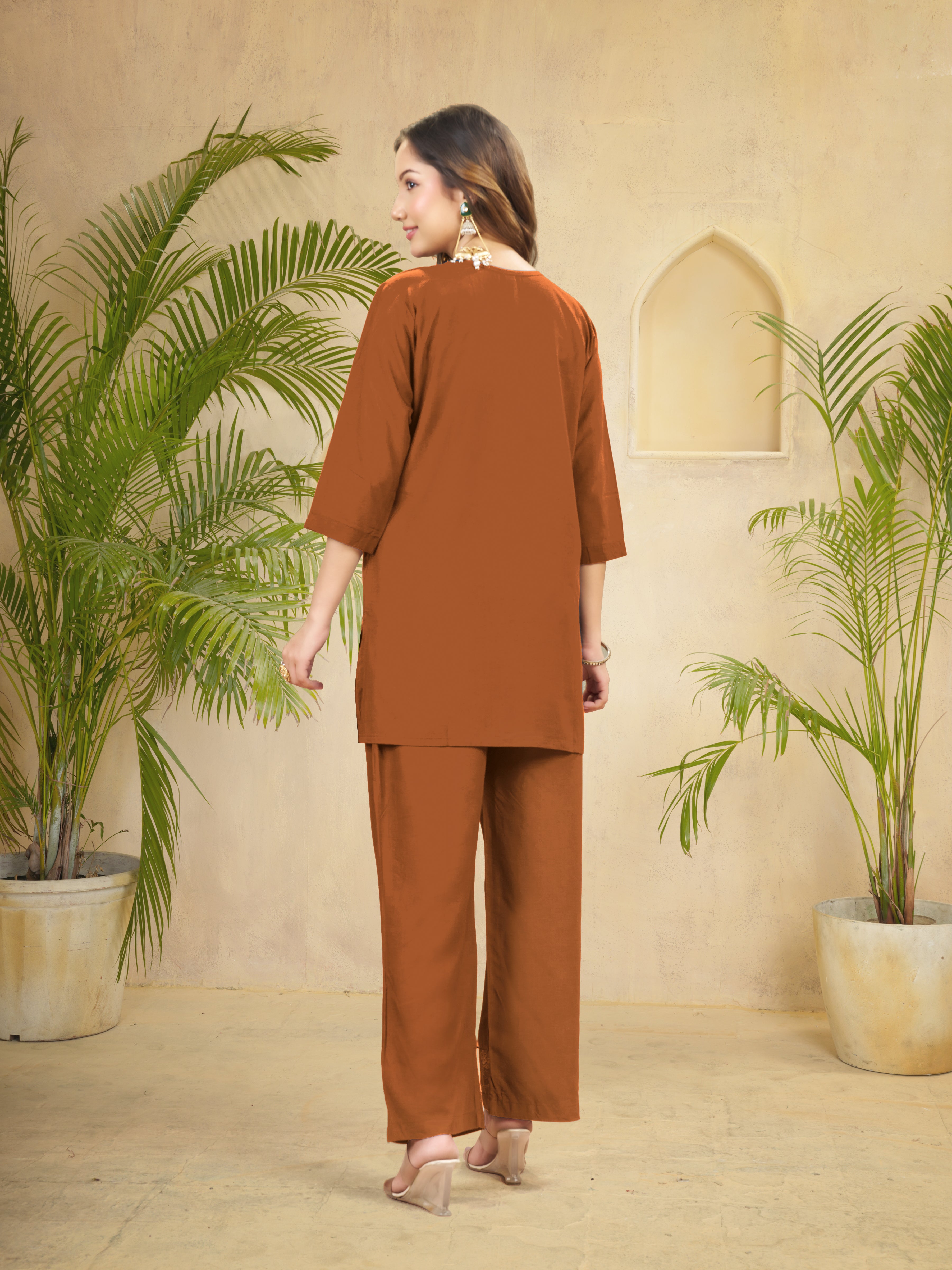 Heavy Rayon Embroidered Co-Ords Set – Coffee
