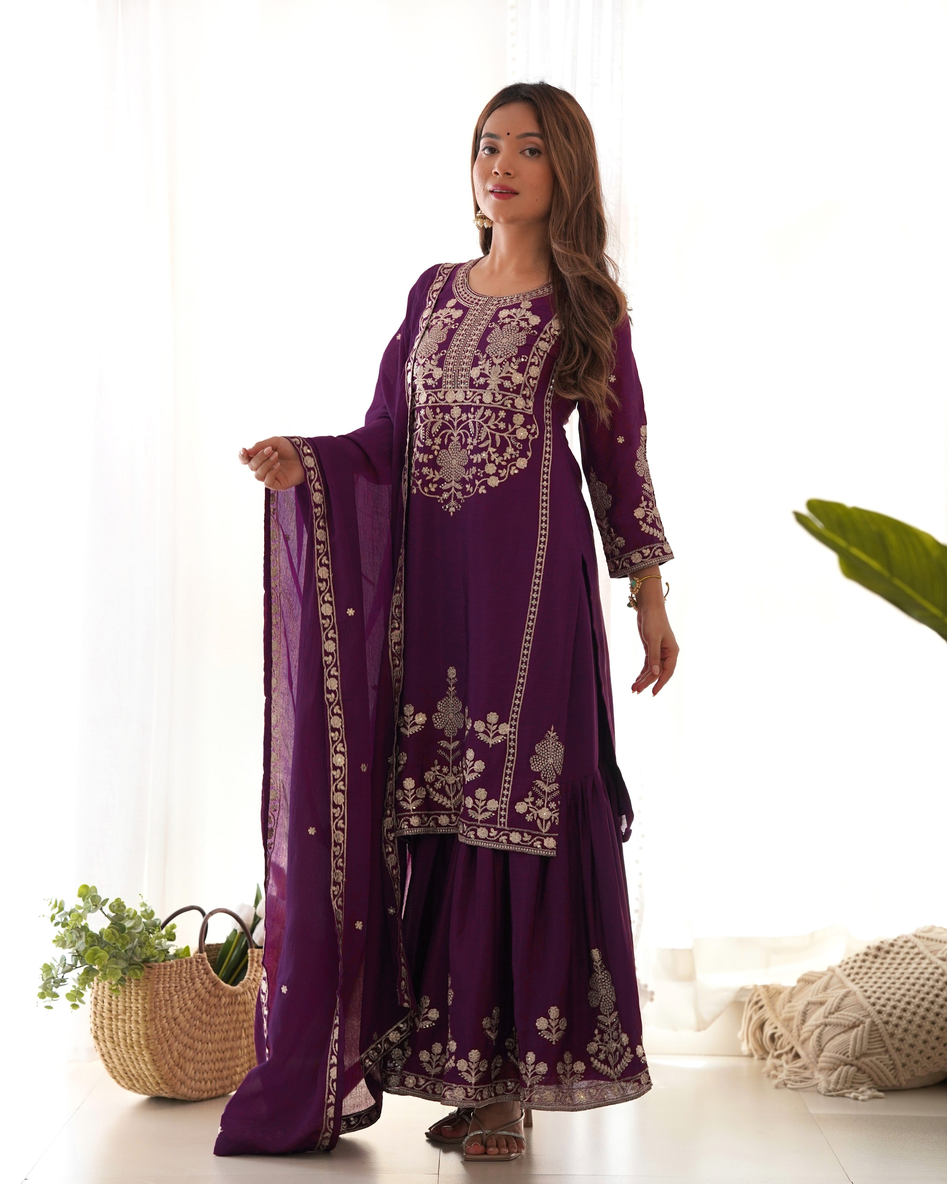 Chinon Silk Embroidered Kurta-Sharara Set – Purple