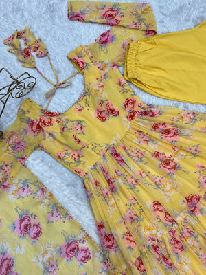 Georgette Printed Anarkali Set – Yellow