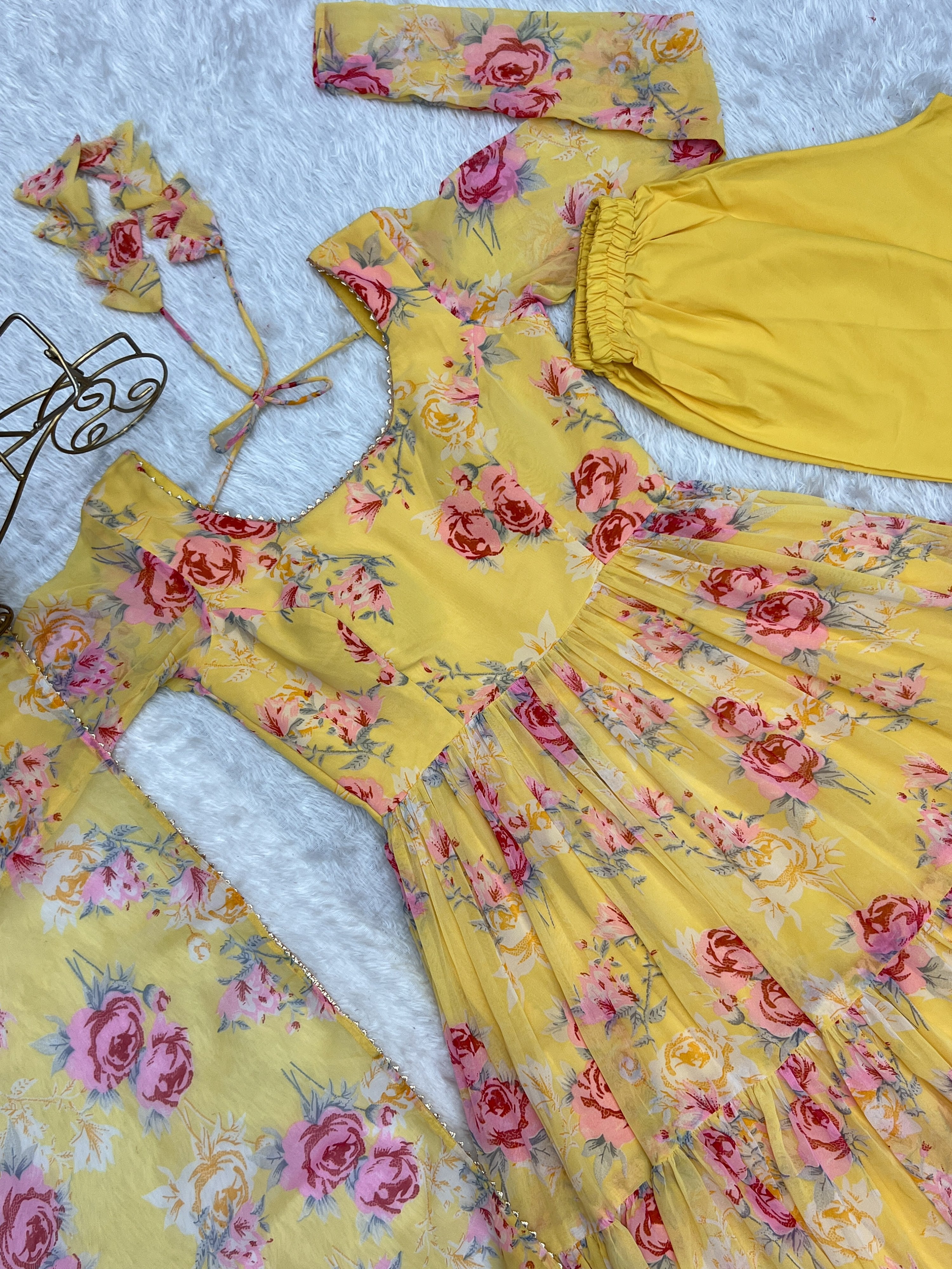Georgette Printed Anarkali Set – Yellow
