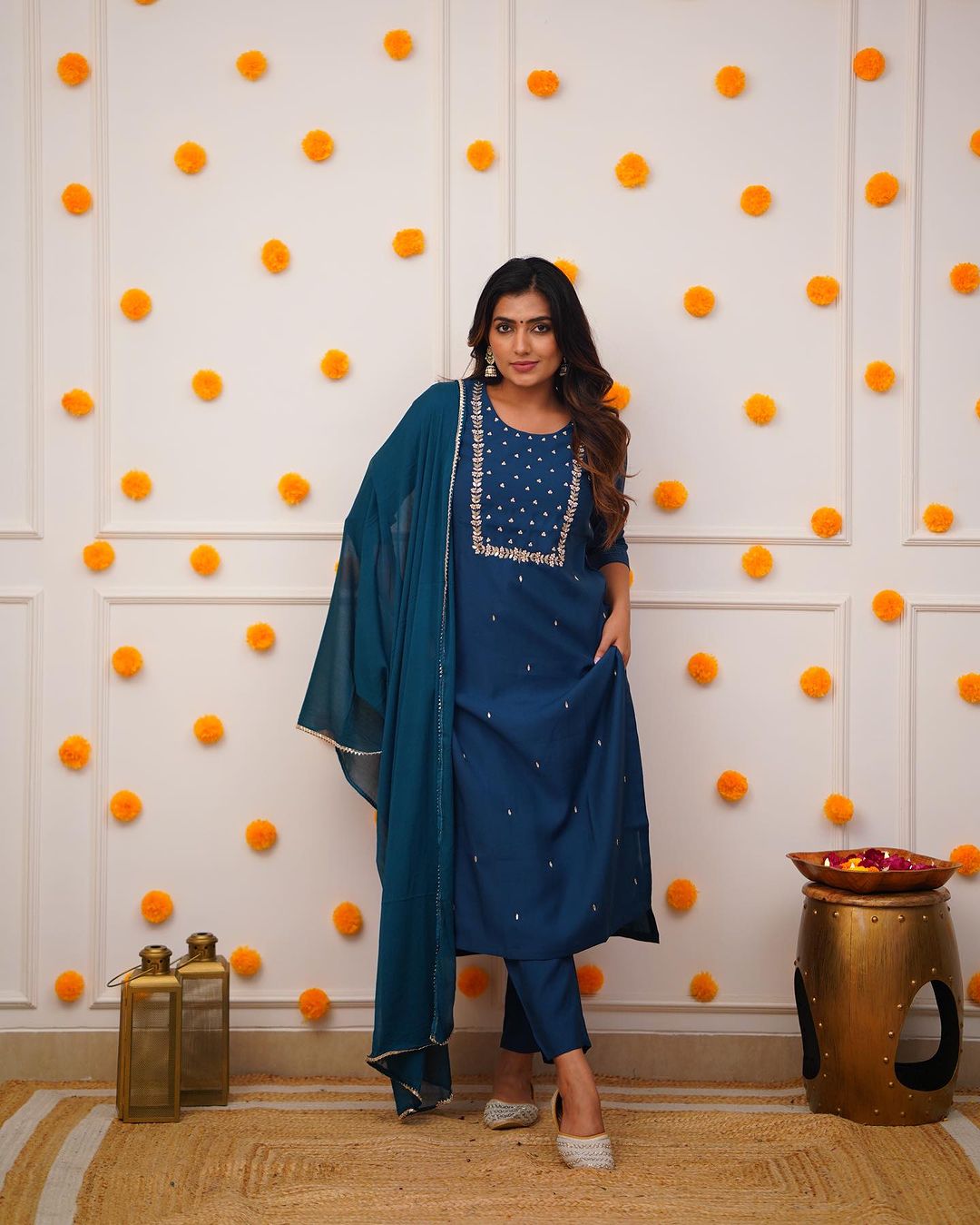 Rayon Slub Embroidered Kurta Pant Dupatta Set – Blue