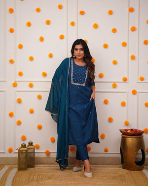 Rayon Slub Embroidered Kurta Pant Dupatta Set – Blue