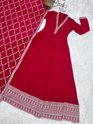 Vichitra Silk Embroidered Gown Set – Red