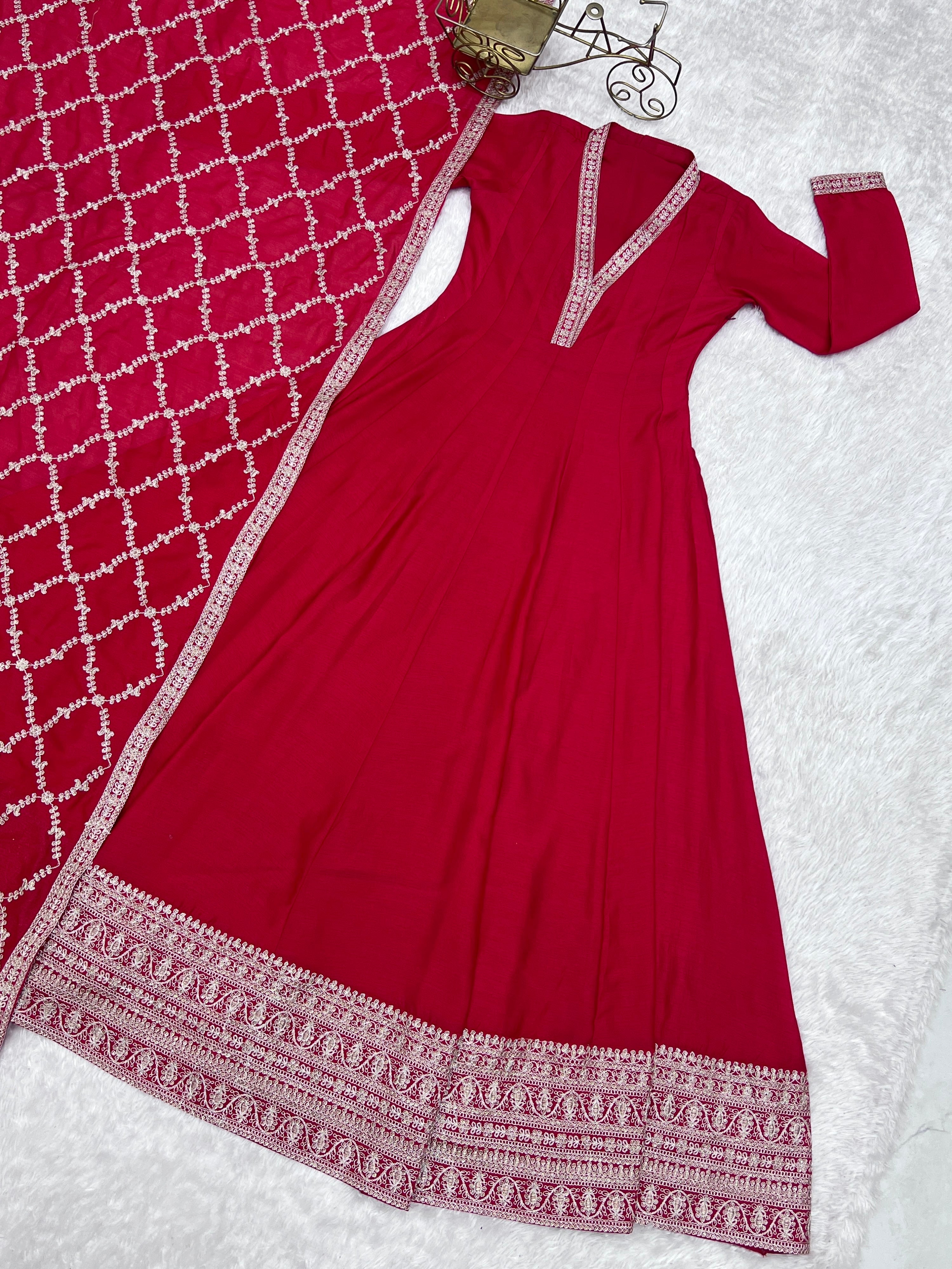 Vichitra Silk Embroidered Gown Set – Red