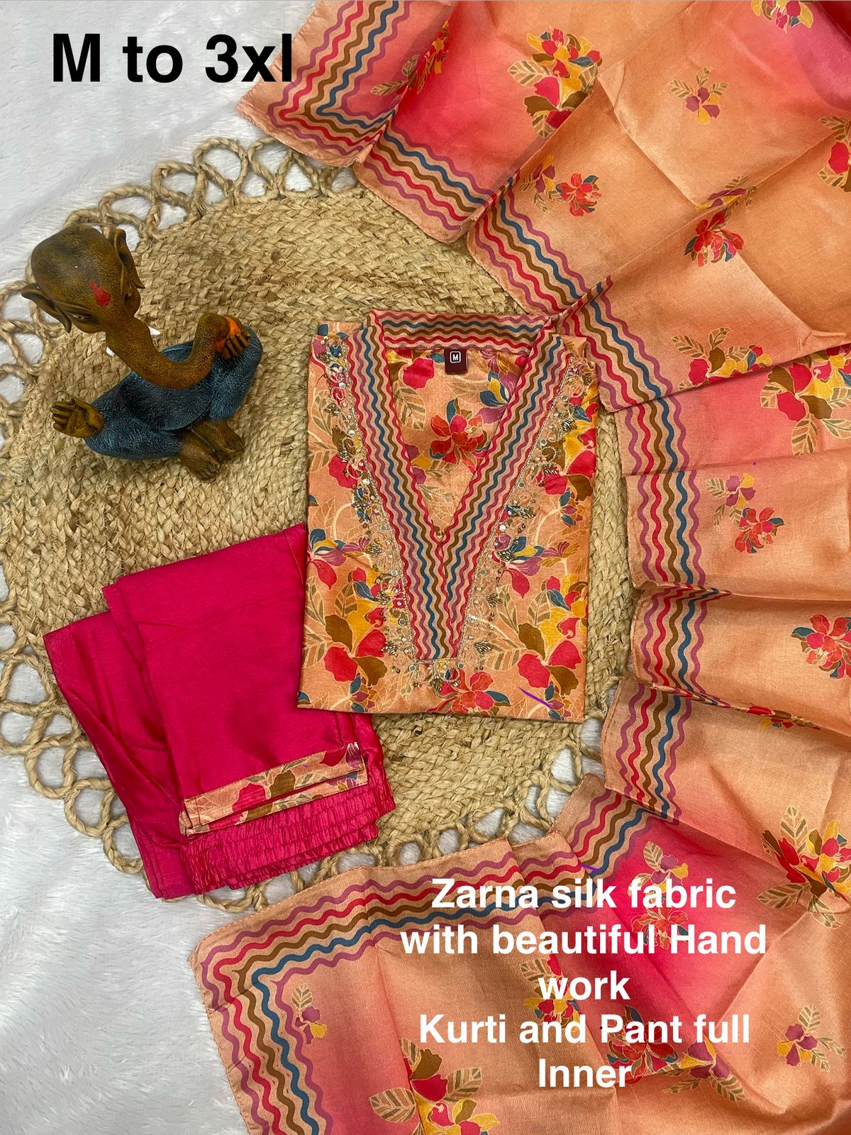Zarna Silk Embroidered Straight Kurti Set – Peach Pink