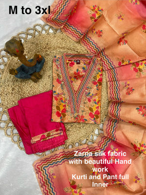 Zarna Silk Embroidered Straight Kurti Set – Peach Pink