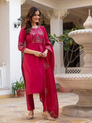 Pure Viscose Mango Silk Embroidered Straight Kurti Set – Pink