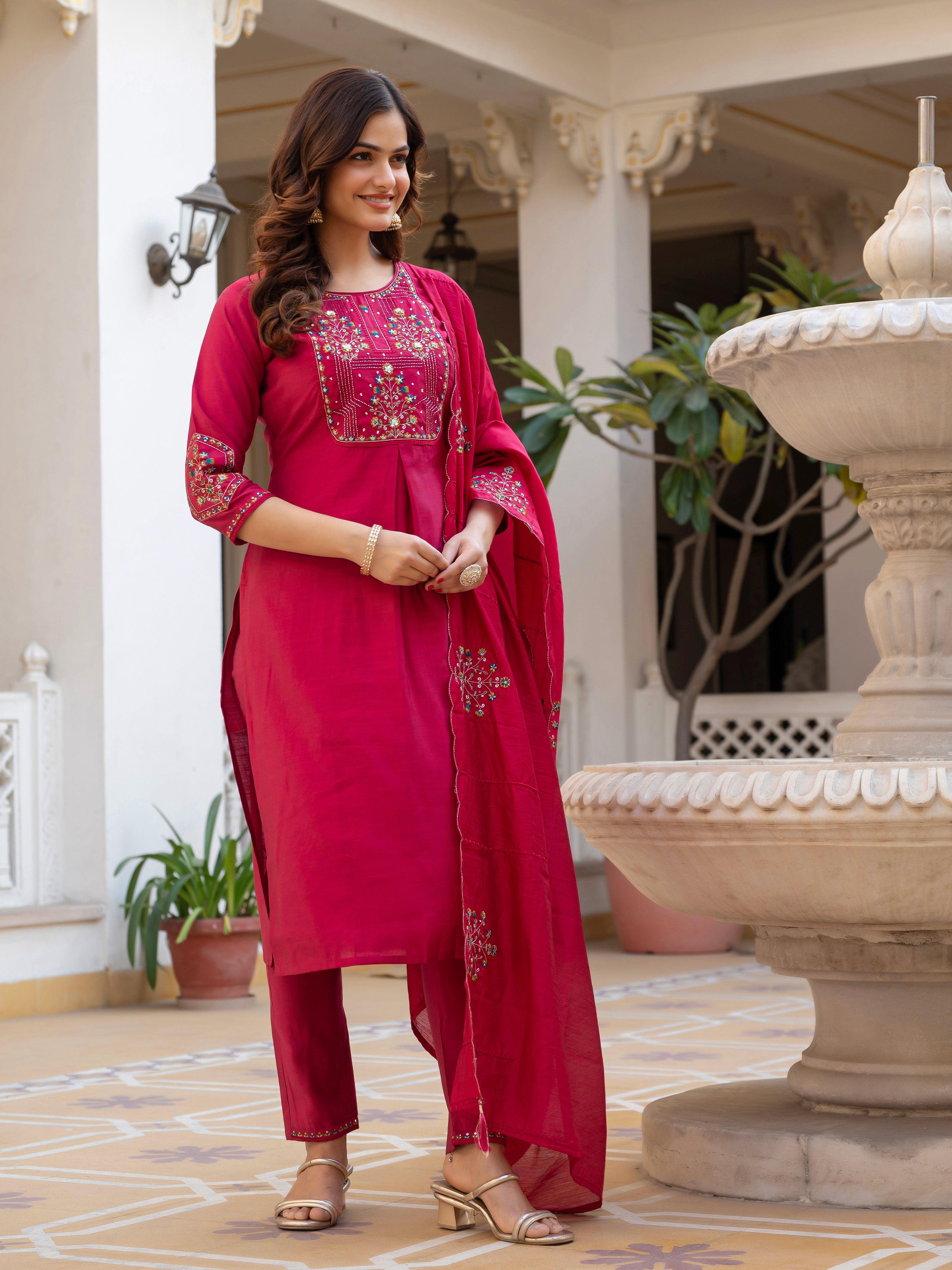 Pure Viscose Mango Silk Embroidered Straight Kurti Set – Pink
