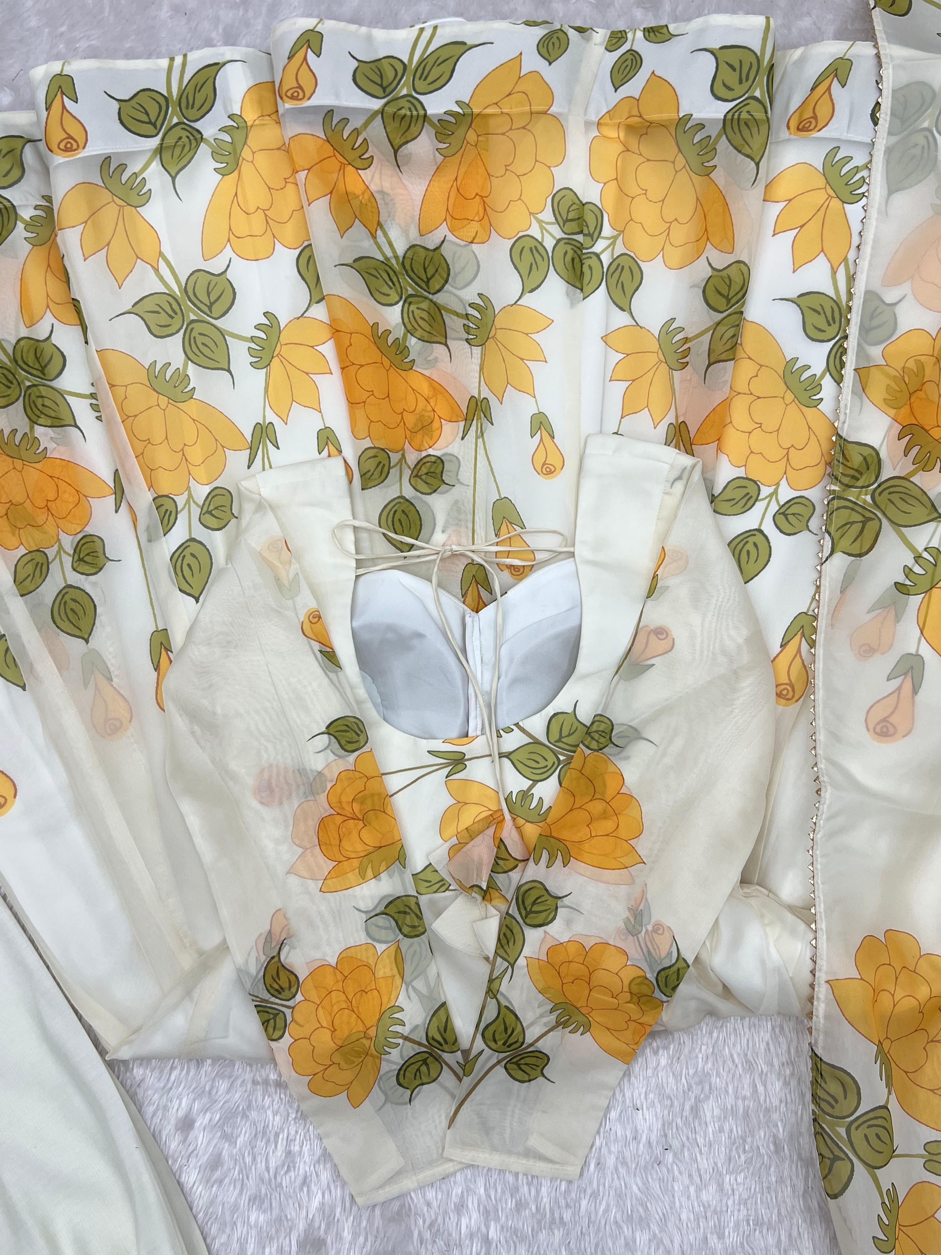 Organza Silk Printed Anarkali Set – Ivory Floral