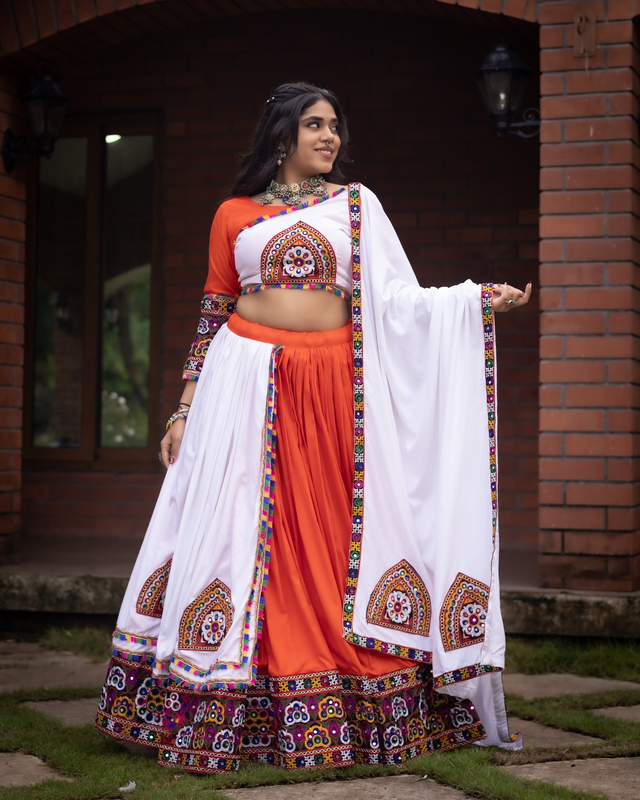 Navratri Orange White Arches Patch Work Lehenga Set