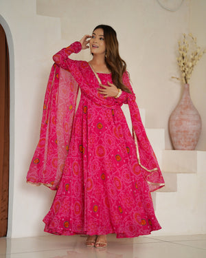 Soft Lightweight Chiffon Bandhej Fabric Inner Micro Cotton Embroidered Anarkali Set – Pink