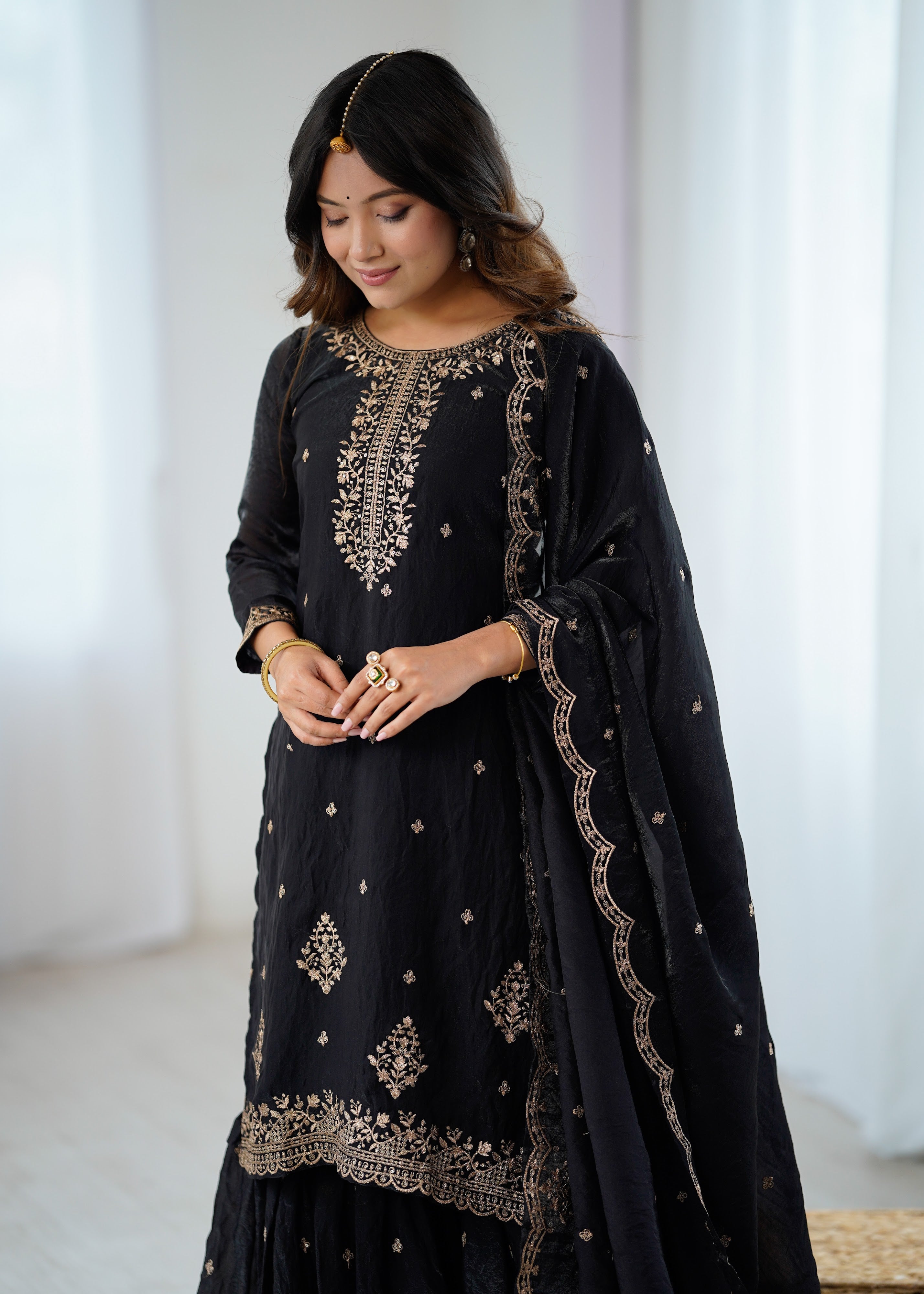 Crunchy Silk Embroidered Kurta-Sharara Set – Black
