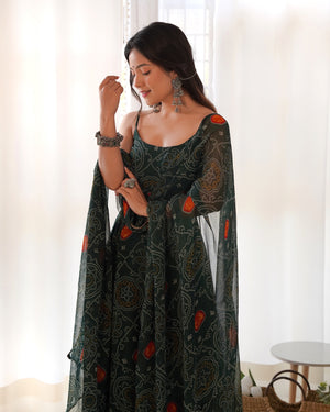 Soft Lightweight Chiffon Bandhej Embroidered Gown Set – Bottle Green