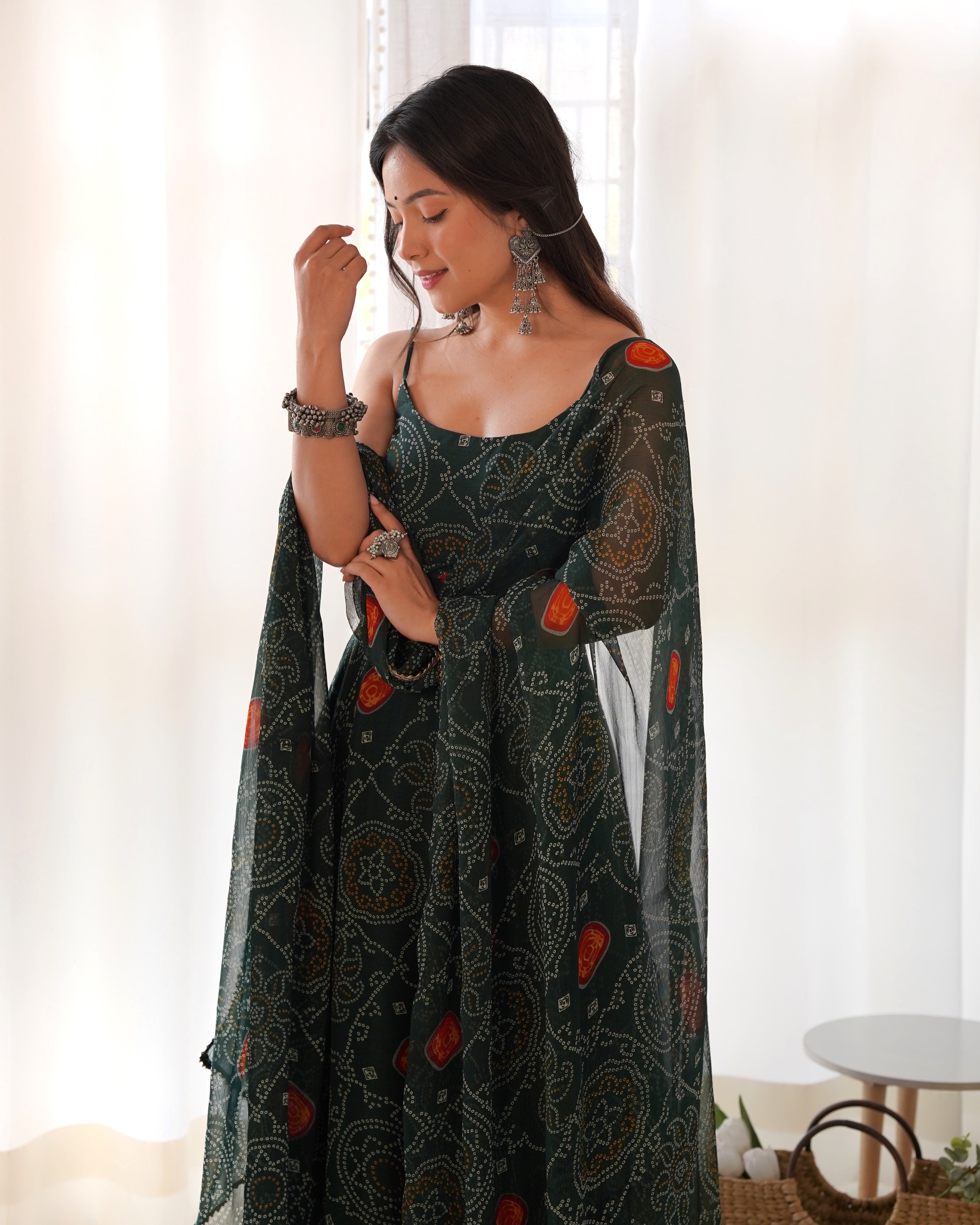 Soft Lightweight Chiffon Bandhej Embroidered Gown Set – Bottle Green