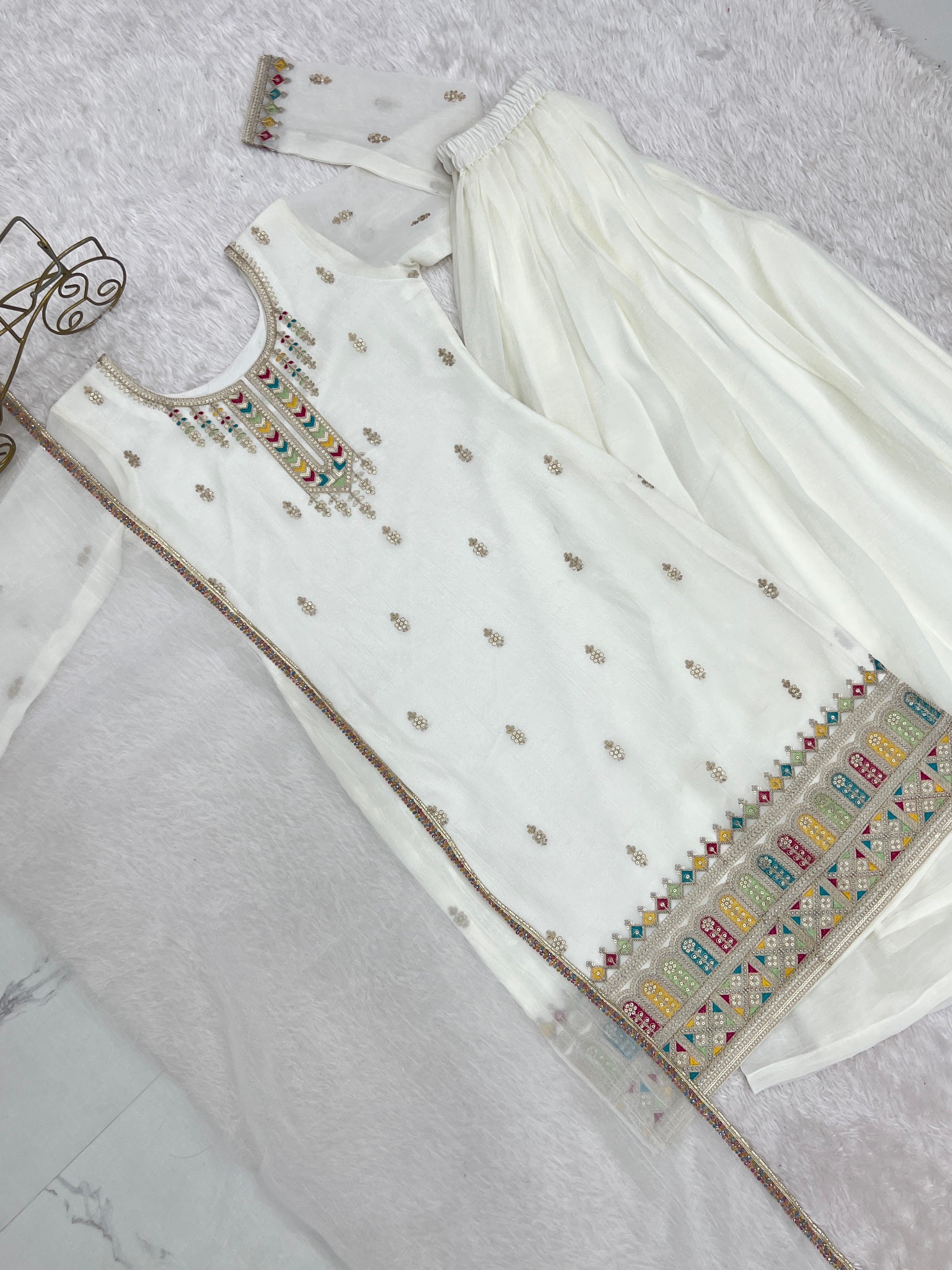 Crunchy Silk Embroidered Kurta-Sharara Set – White