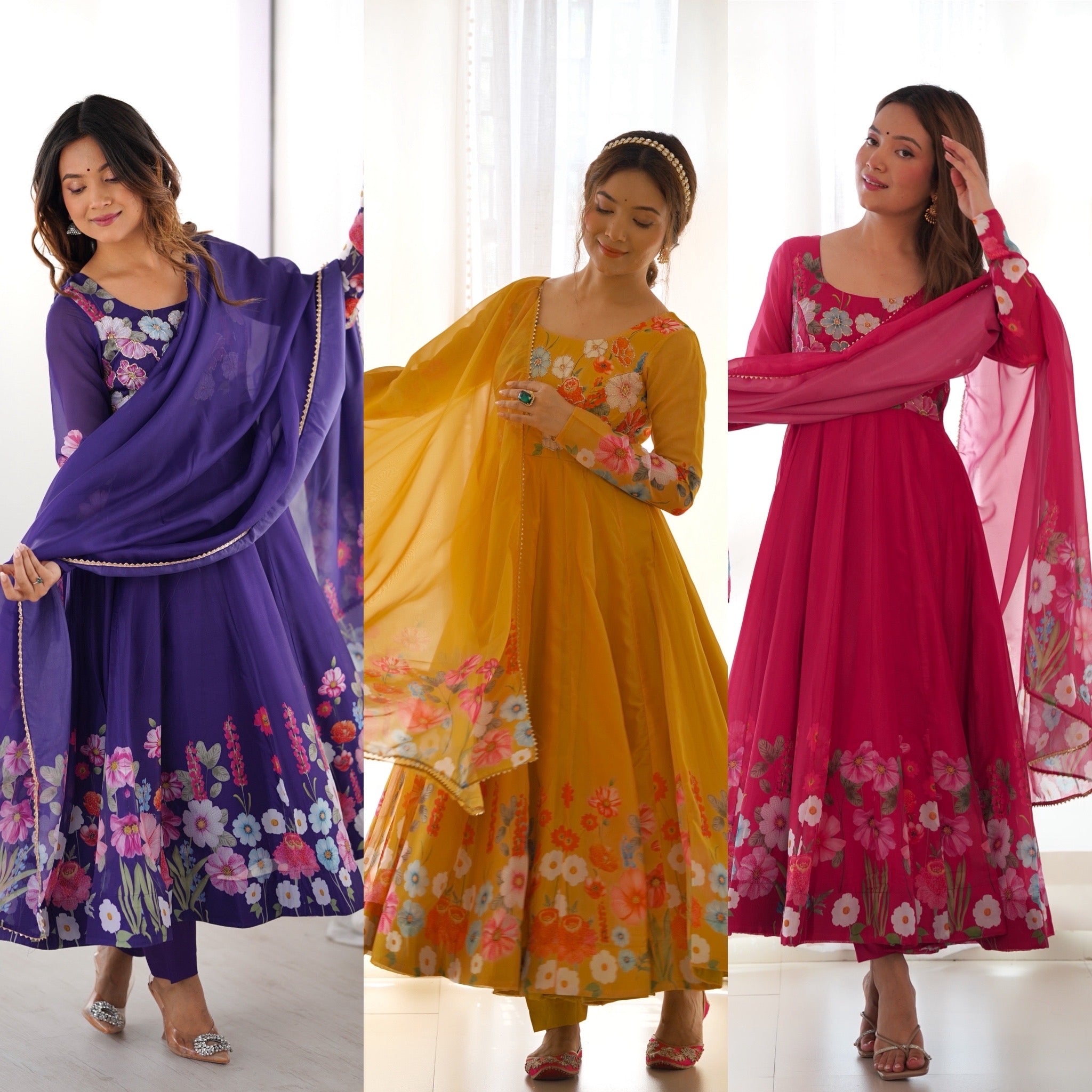 Organza Silk Printed Anarkali Set – Purple