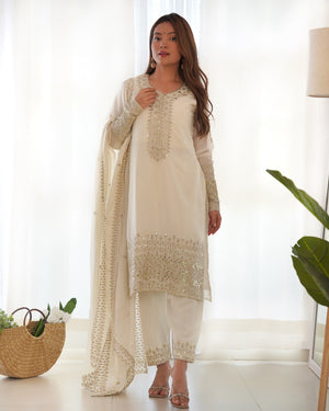 Chinon Silk Embroidered Straight Kurta Set – Ivory