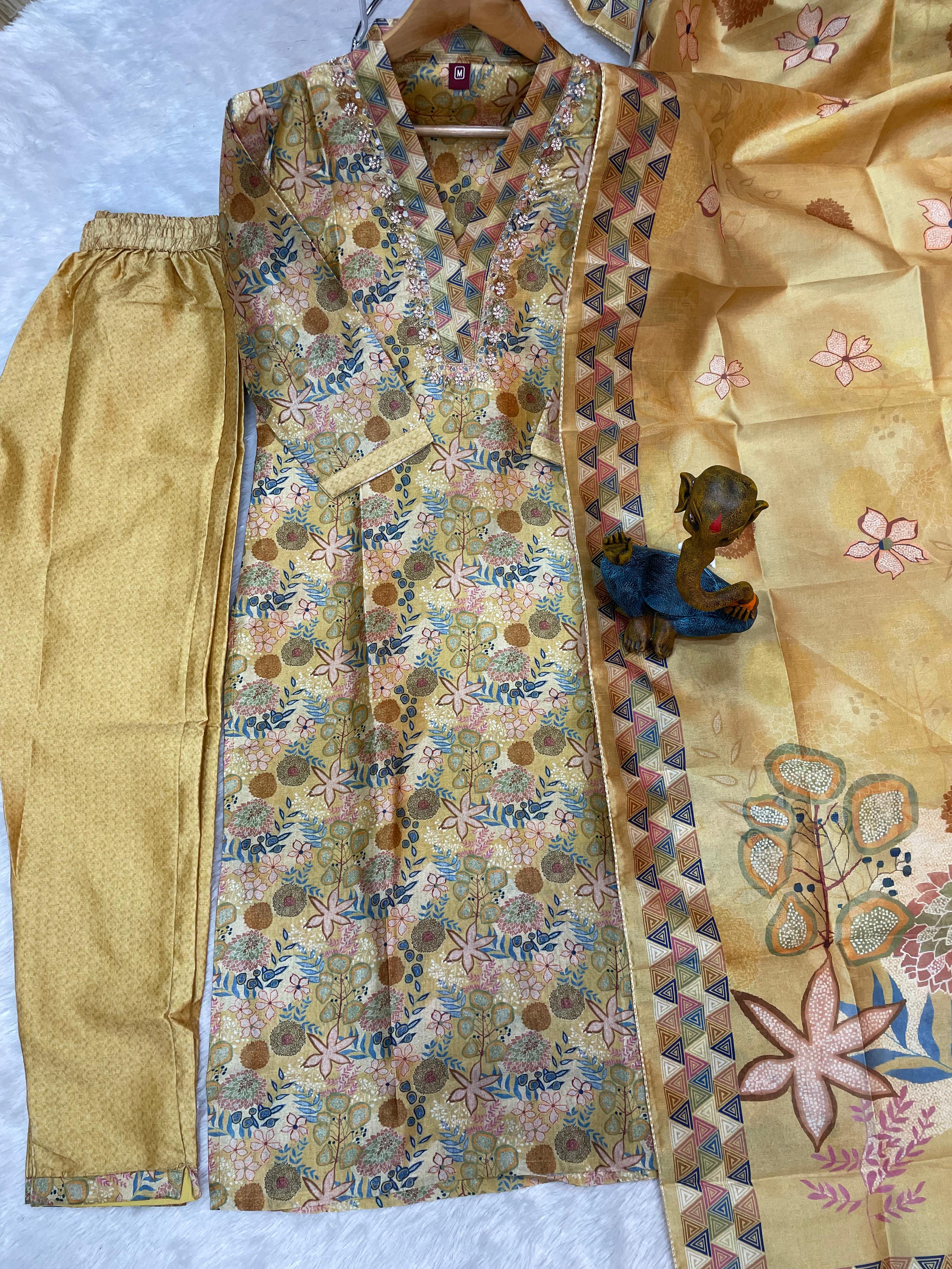 Zarna Silk Embroidered Straight Kurti Set – Mustard