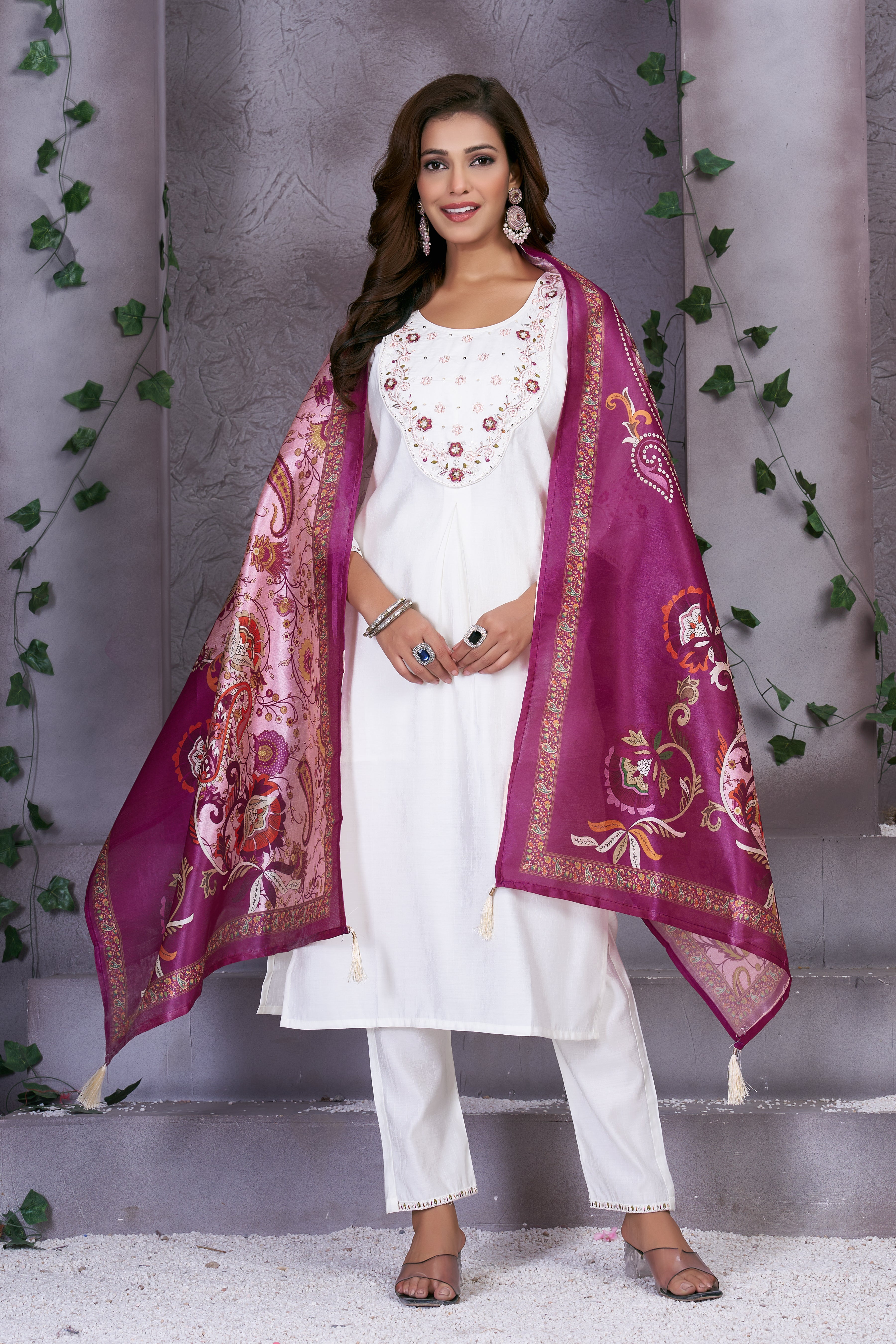 Premium Marina Silk Embroidered Straight Kurti Set – White