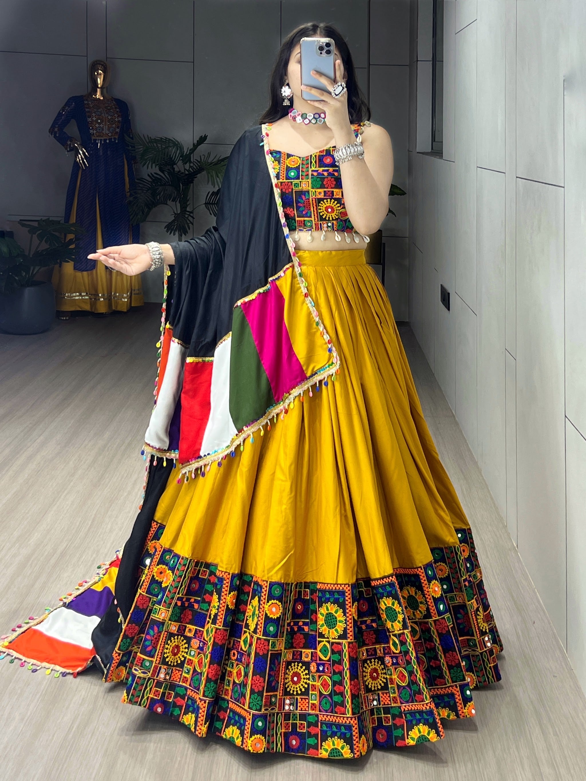 Navratri Mustard Gamthi Mirror Work Lehenga Set