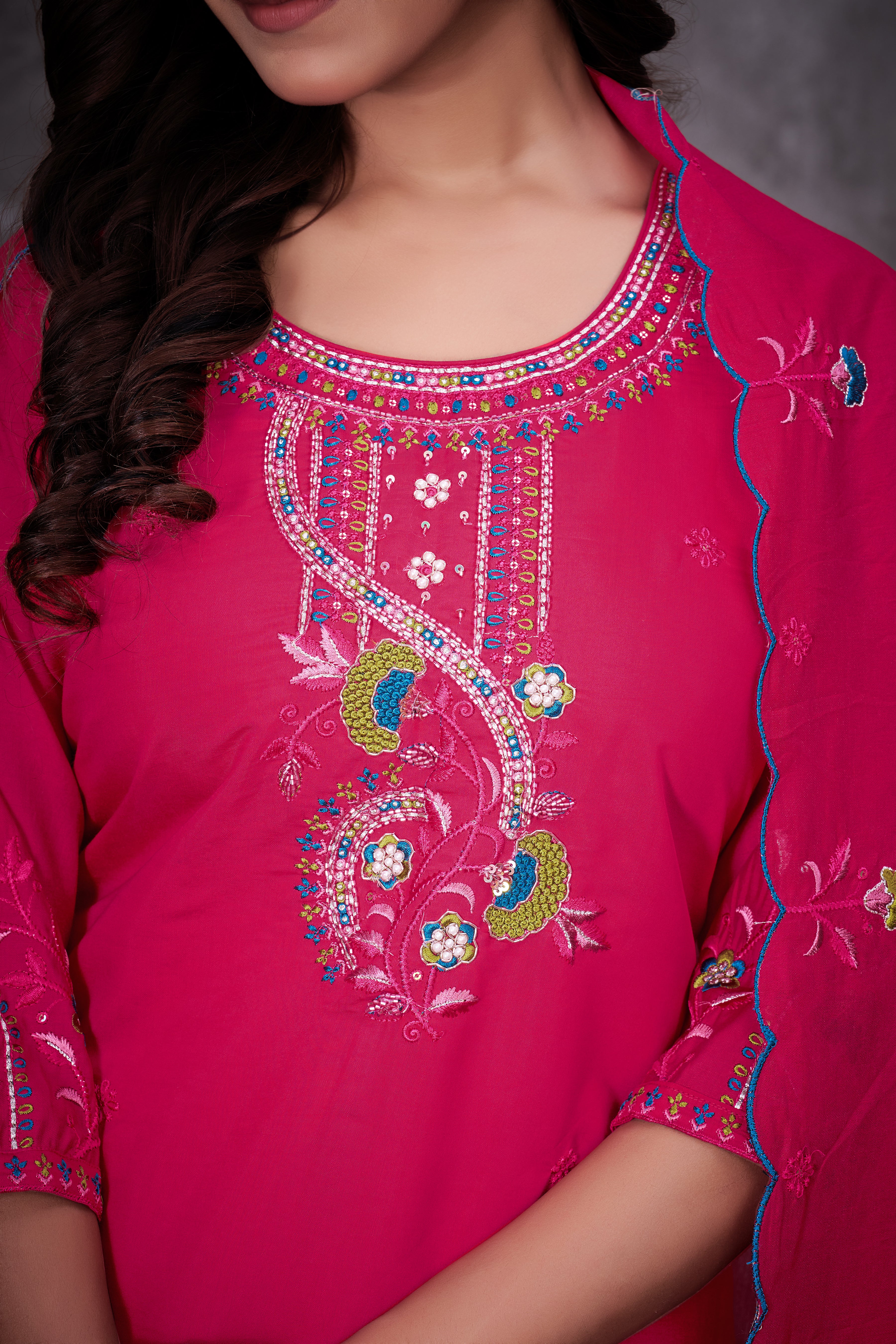 Roman Silk Embroidered Straight Kurti Set – Red