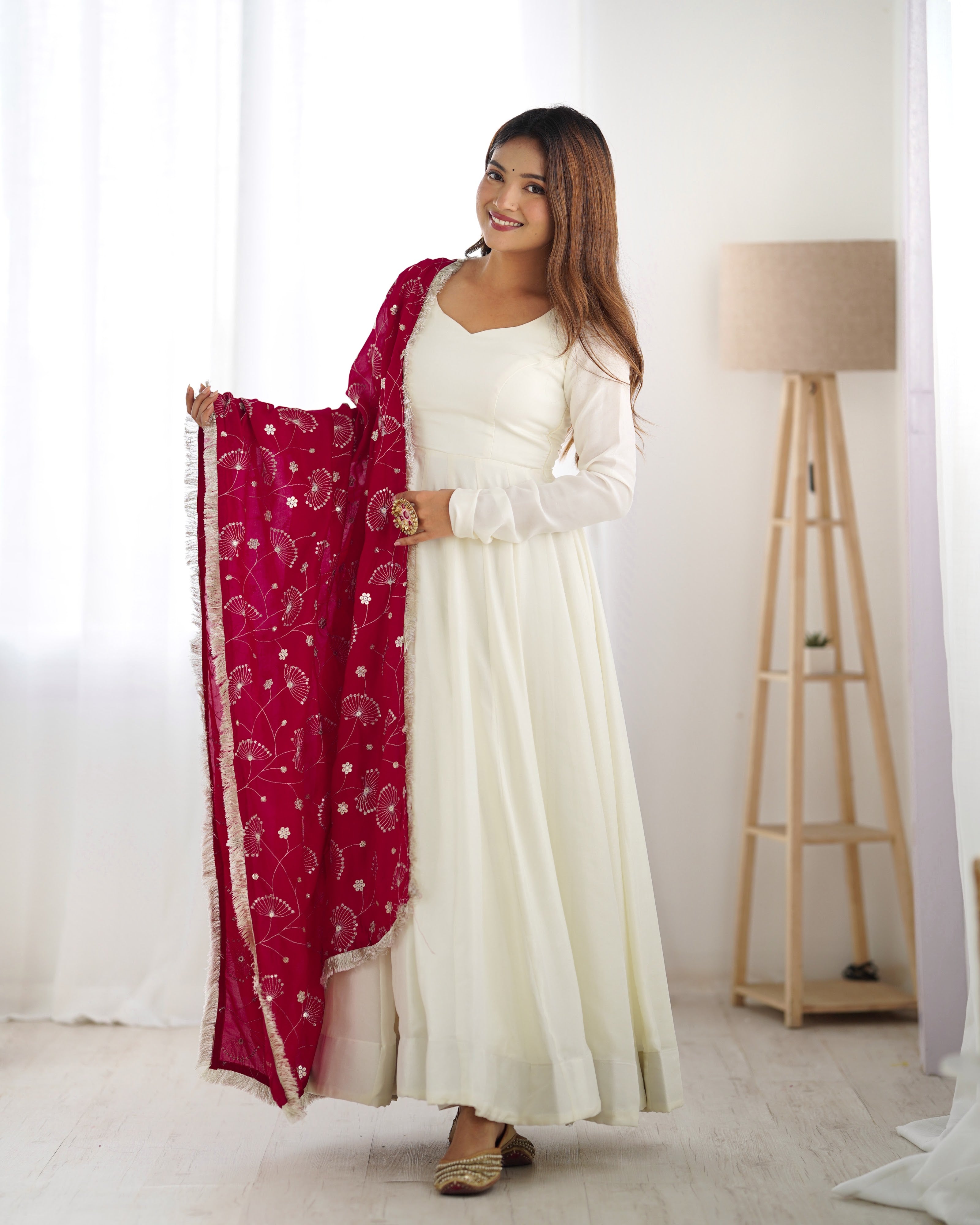 Vichitra Silk Designer Anarkali Set – Ivory & Rani Pink