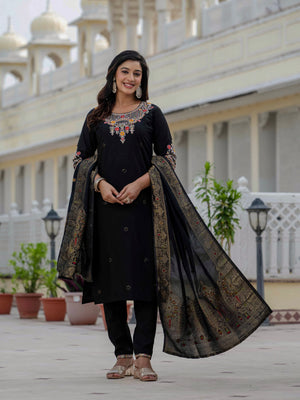 Premium Roman Silk Embroidered Straight Kurti Set – Black