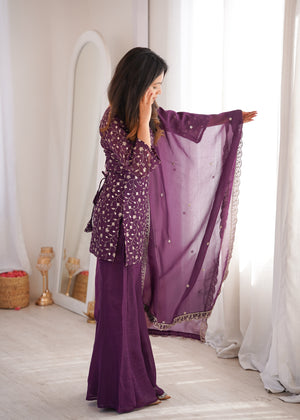 Crunchy Silk Embroidered Bell Bottom Set – Wine