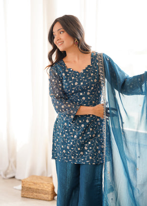 Crunchy Silk Embroidered Bell Bottom Set – Teal Blue