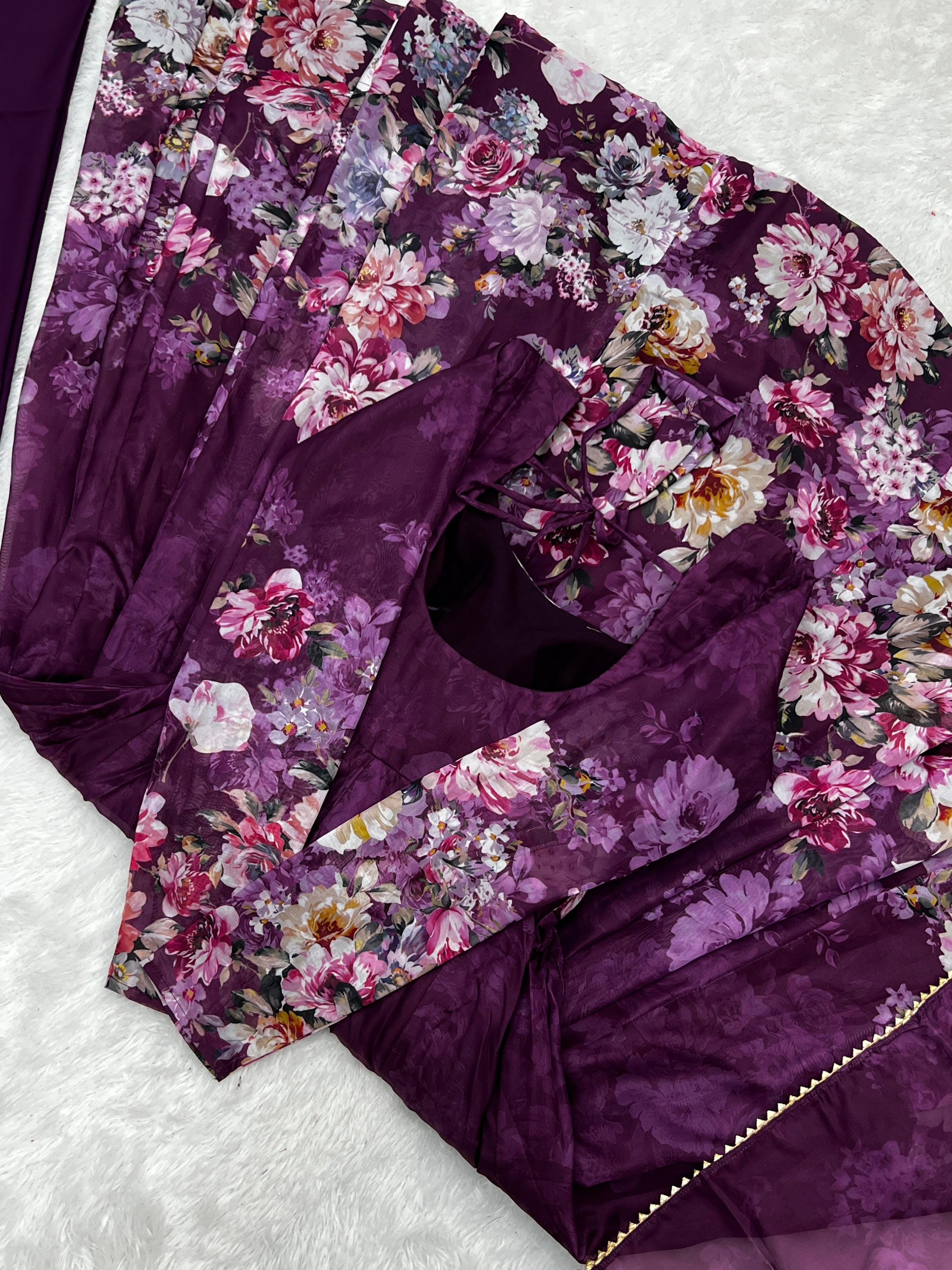 Organza Silk Printed Anarkali Set – Wine