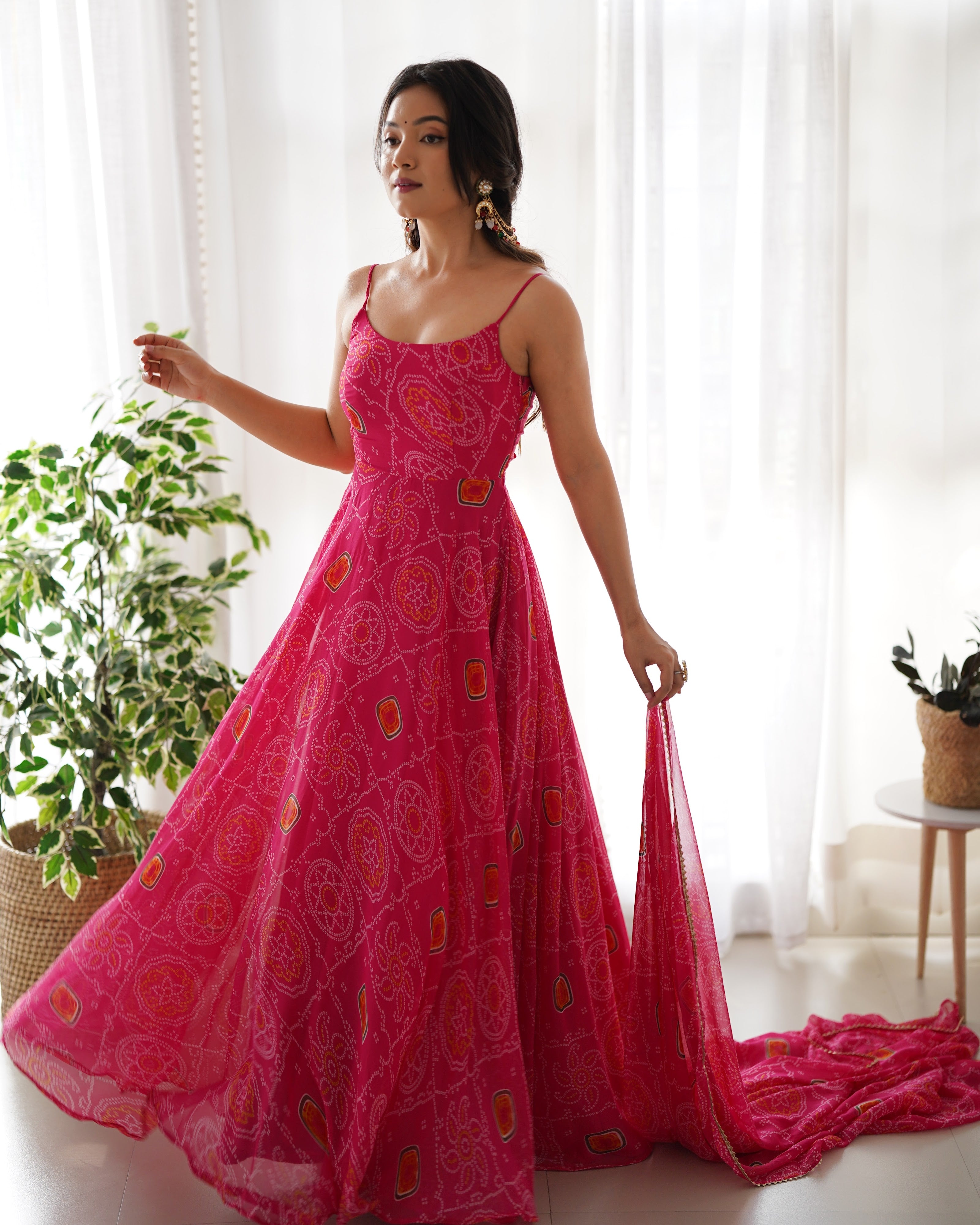 Soft Lightweight Chiffon Bandhej Embroidered Gown Set – Pink