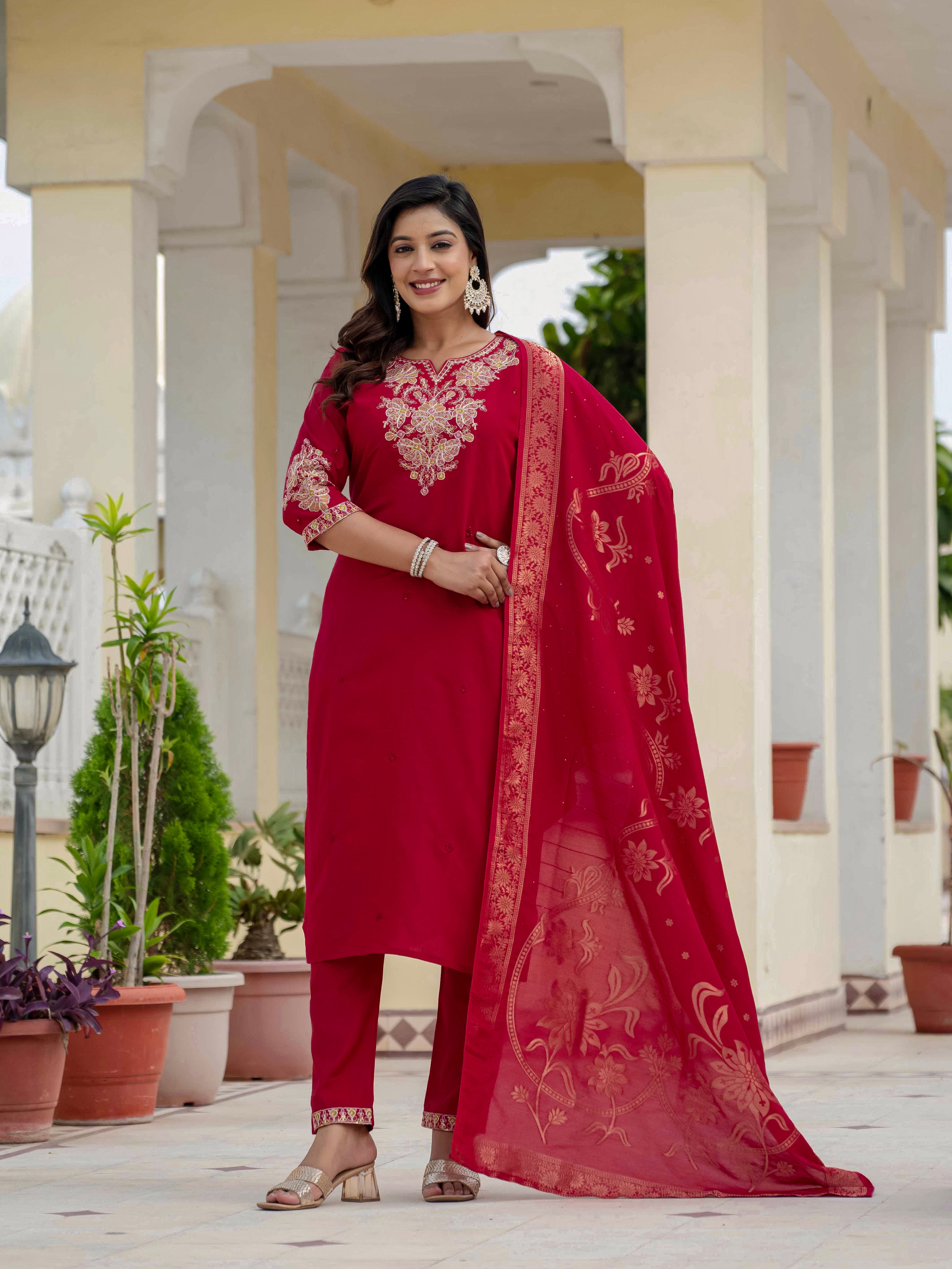 Premium Roman Silk Embroidered Straight Kurti Set – Maroon
