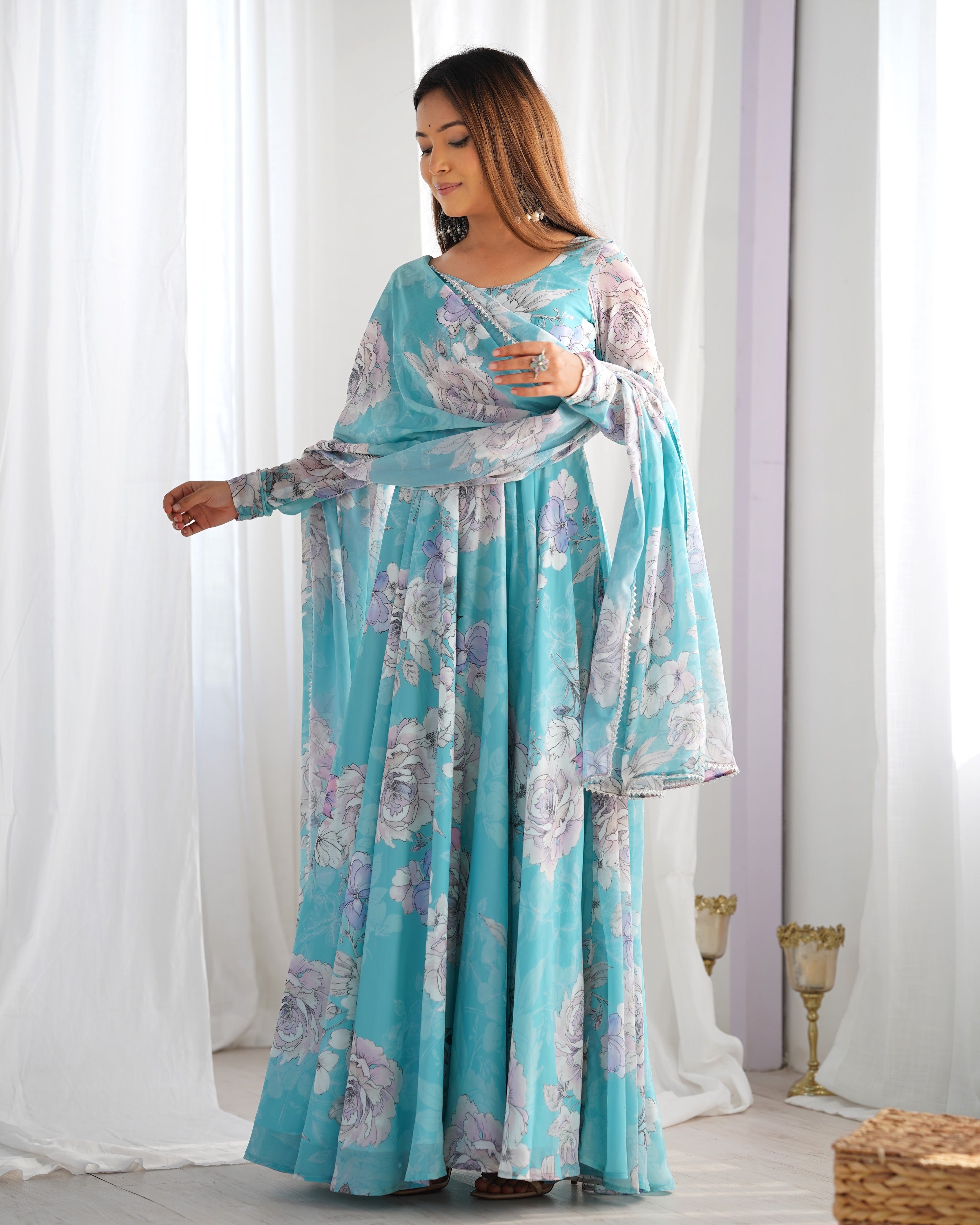 Georgette Printed Gown Set – Sky Blue Floral