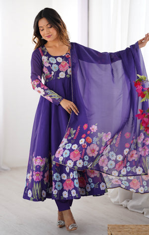 Organza Silk Printed Anarkali Set – Purple