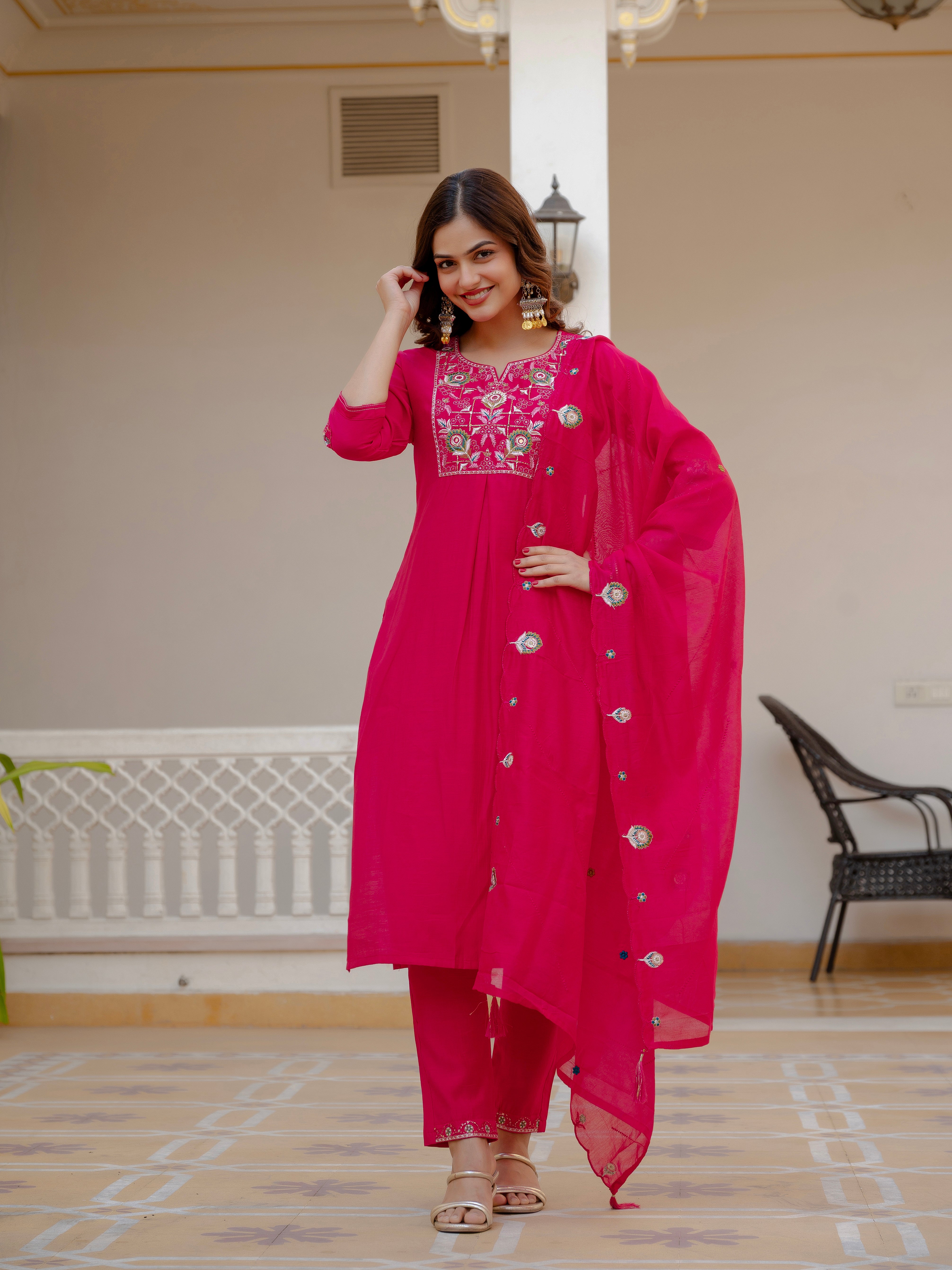 Pure Viscose Mango Silk Embroidered Straight Kurti Set – Pink