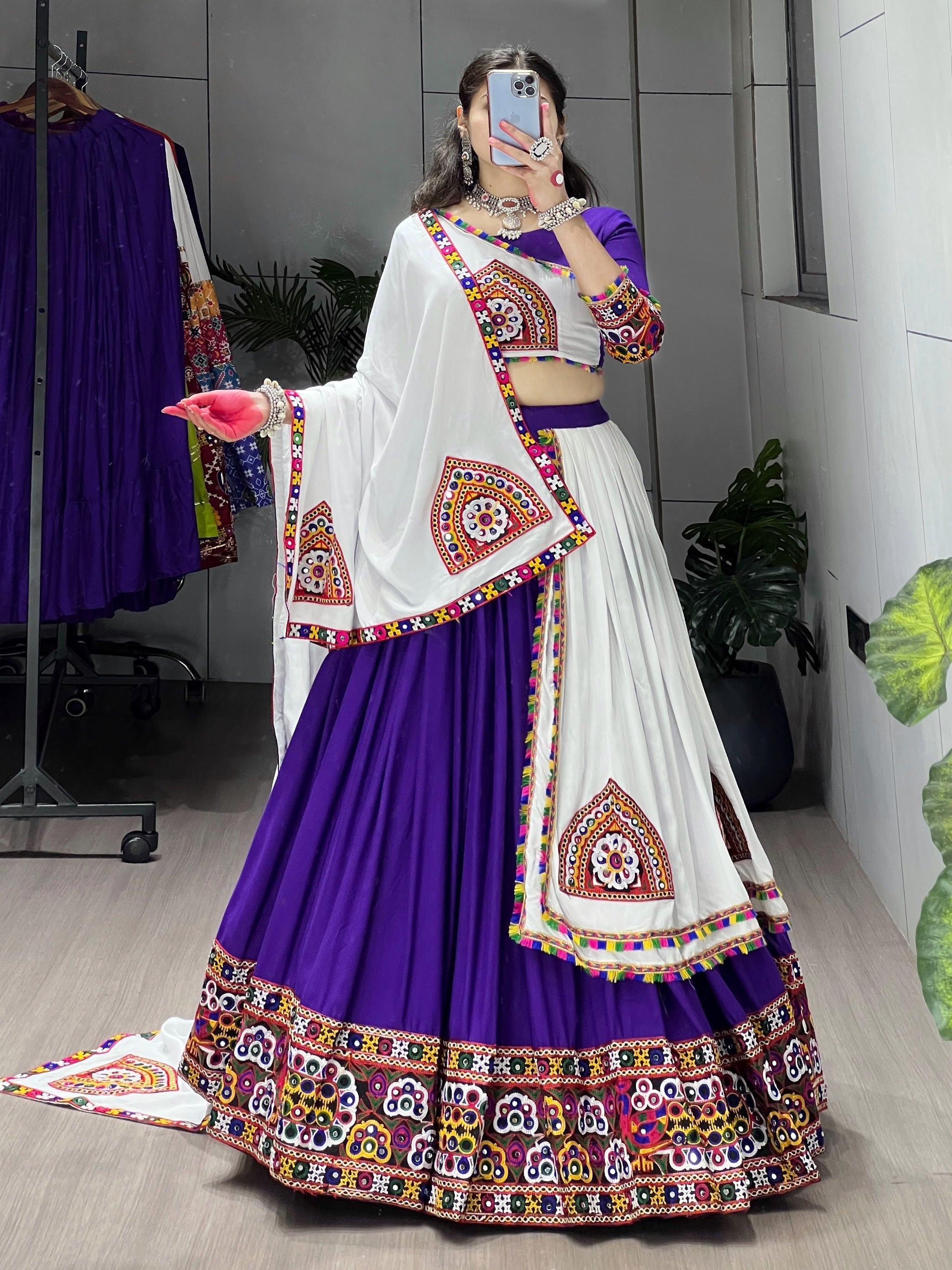 Navratri Purple White Arches Patch Work Lehenga Set